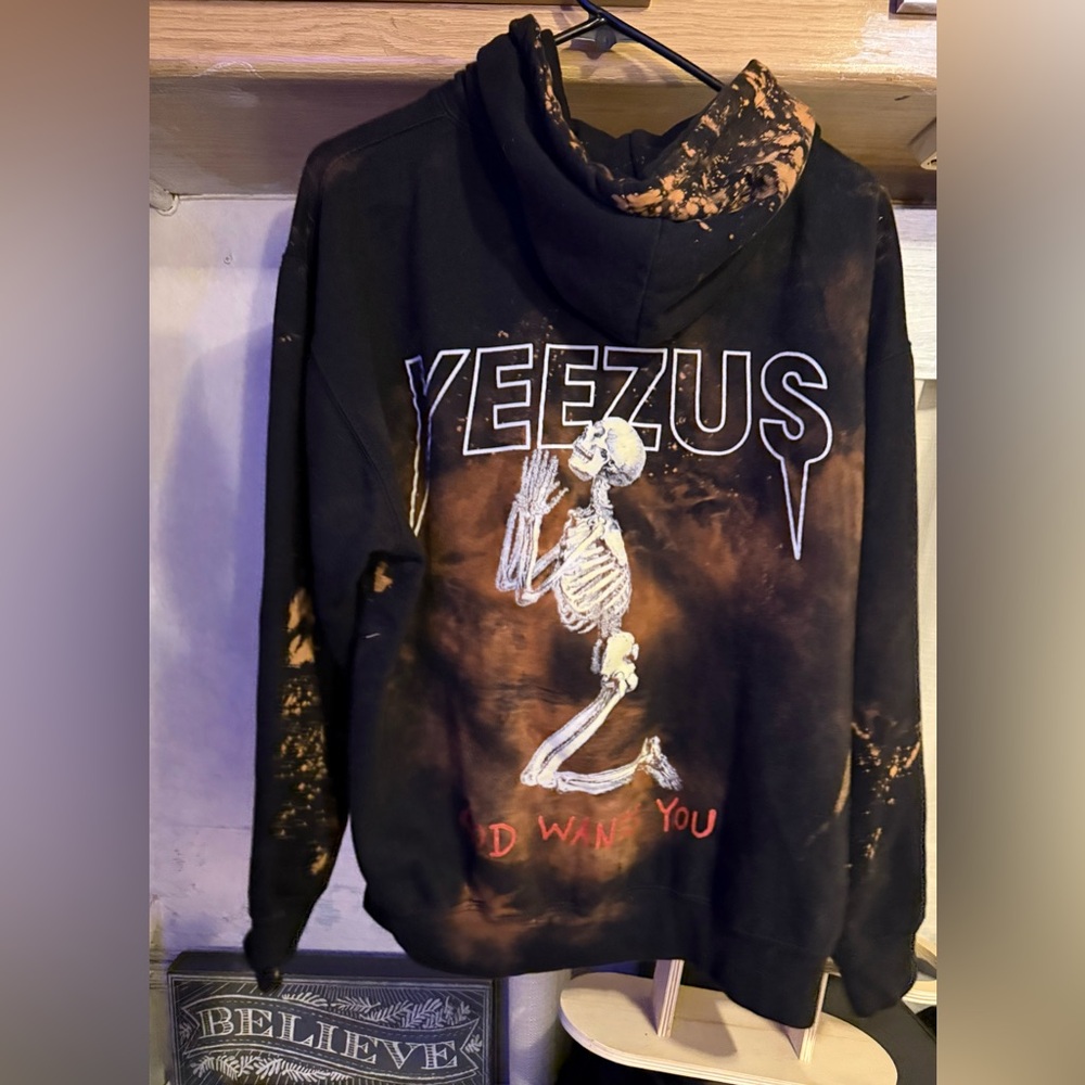 YEEZUS KANYE L GOD WANTS U bleach dye hoodie Jesus tour hip hop electronic